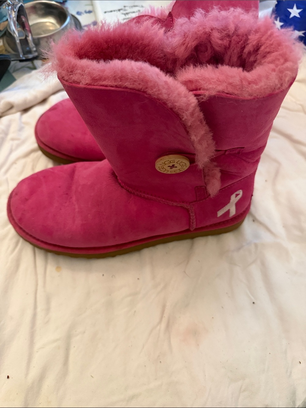 UGG Pink Shearling Button Boots with Ribbon Patch